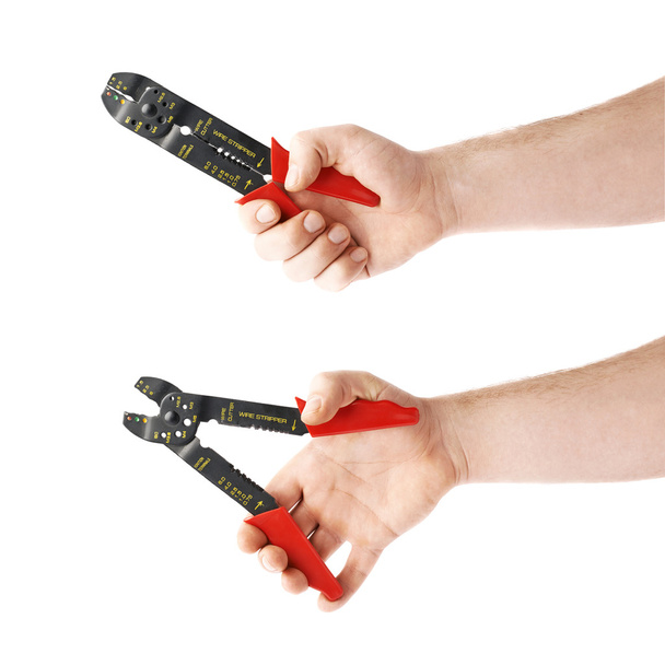 Set of hand holding a wire stripper tool, composition isolated over the white background - Foto, immagini