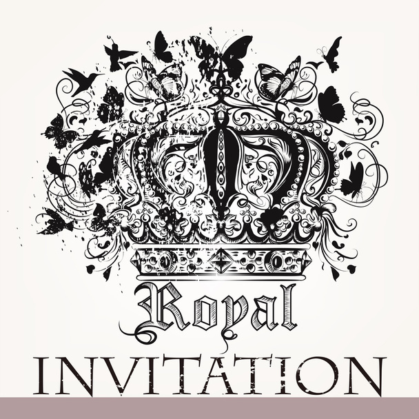 Luxury invitation card with crown butterflies and birds luxury g - Vector, Image