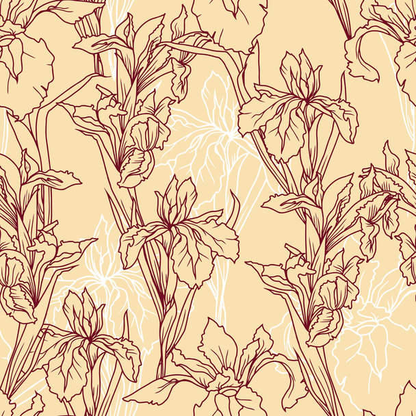 Seamless pattern with beautiful irises flowers - Vector, afbeelding