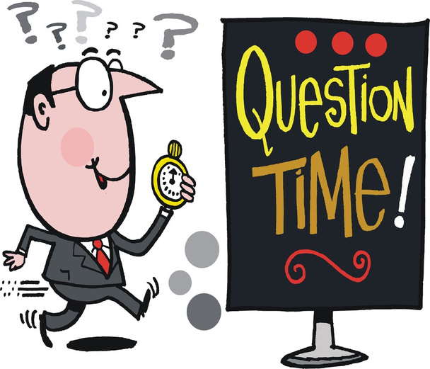 Cartoon-Geschäftsmann mit Uhr und Fragezeichen - Vektor, Bild