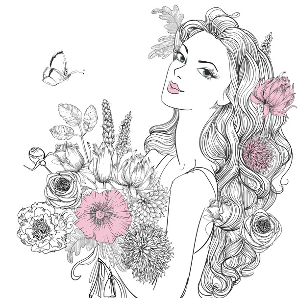young beautiful woman wirh flowers - Vector, Image