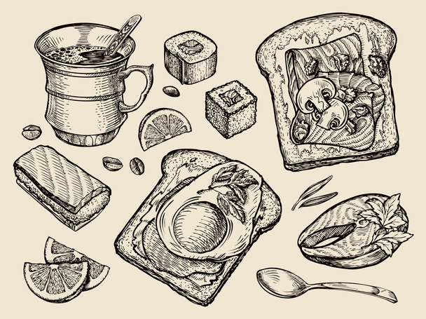 fast food. hand drawn cup coffee, tea, sandwich, fried egg, piece of fish, sushi. sketch vector illustration - Διάνυσμα, εικόνα
