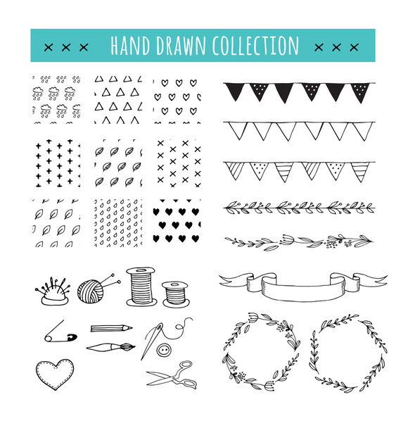 Handmade, crafts workshop icons, patterns and hand drawn illustrations - Vector, Image
