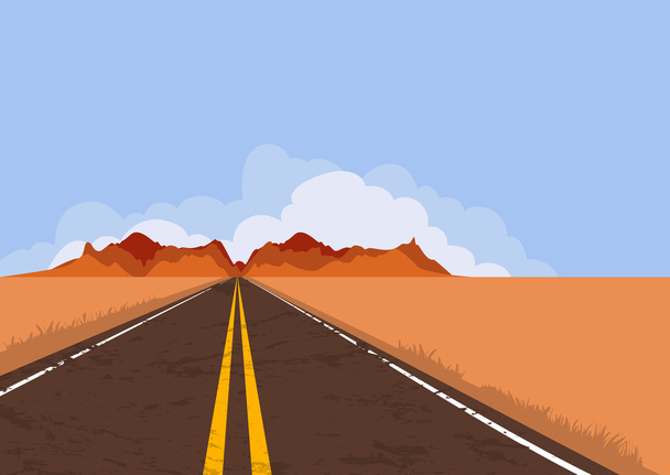 Road in desert and mountains. Summer or autumn panoramic landscape with empty highway and blue sky. - ベクター画像