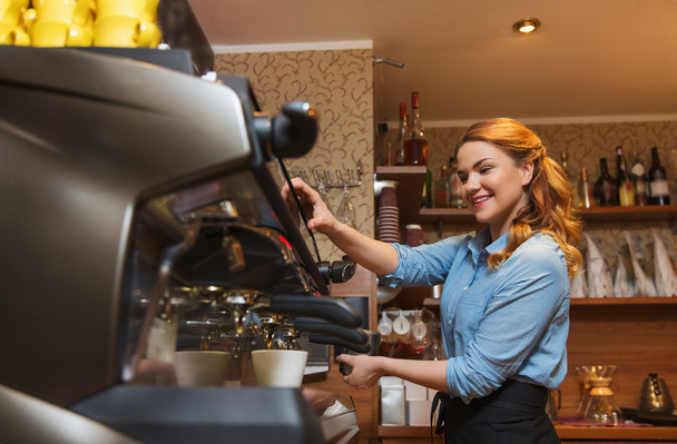 barista woman making coffee by machine at cafe - Photo, Image