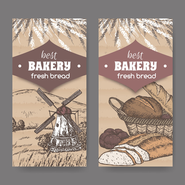 Two color bakery labels with windmill, wheat, bread on cardboard. - Vettoriali, immagini