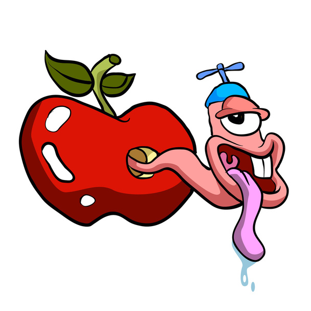 Αστείο καρτούν σκουλήκι στο apple - Διάνυσμα, εικόνα