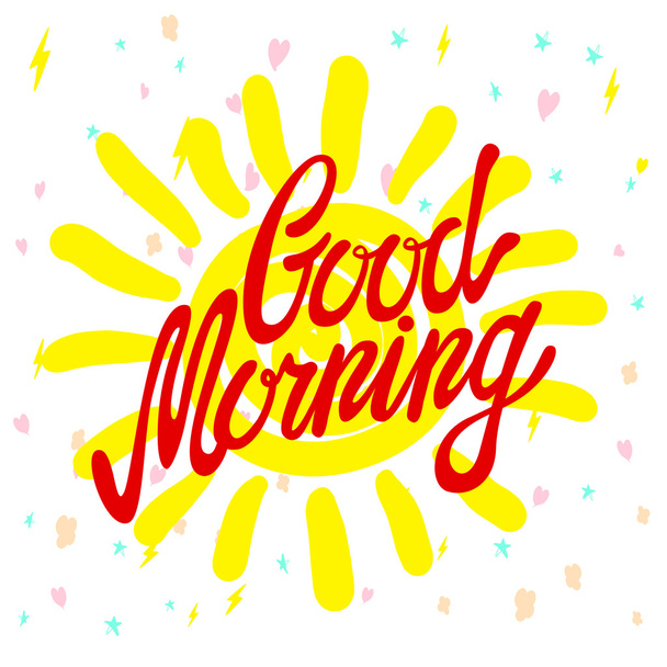 Good morning calligraphic inscription and hand-drawn yellow sun on a white background with texture, illustration is suitable for any use - Vetor, Imagem