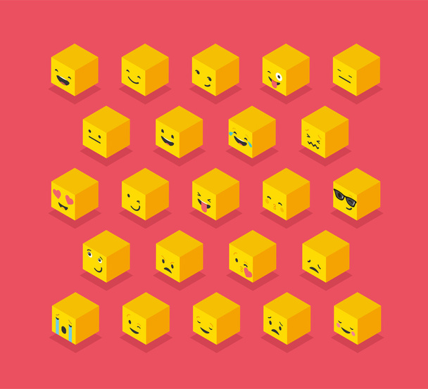 Izometrikus hangulatjelek sárga kockák, szögletes színes ikonok - Vektor, kép