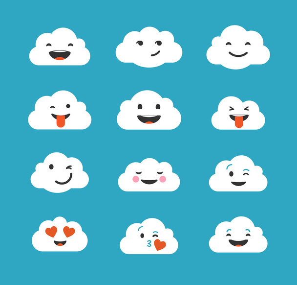 Bulutlar şirin emoji, gülen ifadeler yüzler ayarla - Vektör, Görsel
