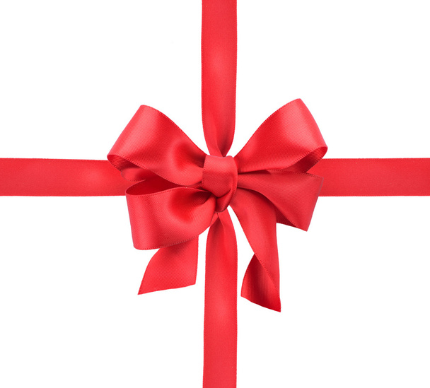 Red satin gift bow. Ribbon. Isolated on white - 写真・画像