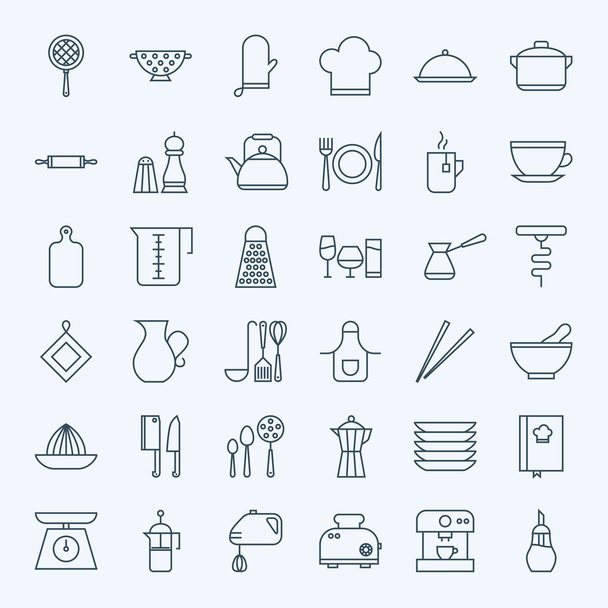 Linha de utensílios de cozinha e utensílios de cozinha conjunto ícones
 - Vetor, Imagem