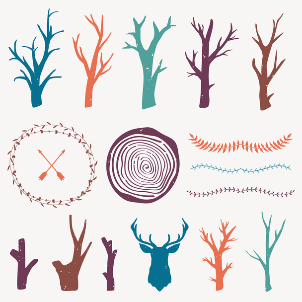 Διανυσματικό πολύχρωμο γραφικό σύνολο με στοιχεία σχεδιασμού δάσους. Κλαδιά, δαχτυλίδια δέντρων, διαιρέτες φύλλων. Φυλετική και Μπόχο στυλ. Ρουστίκ σχεδίαση. - Διάνυσμα, εικόνα