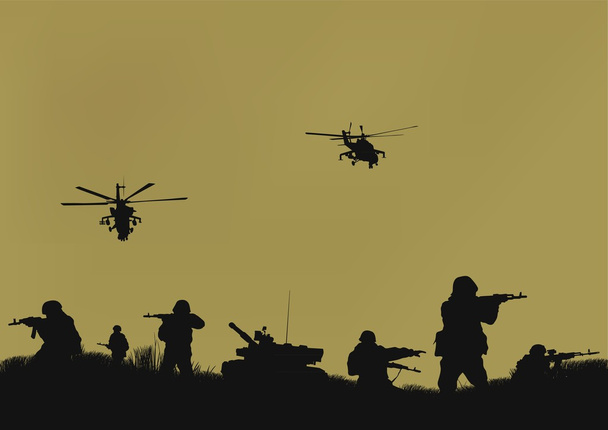 Illustratie, de soldaten gaan om aan te vallen en helikopters. - Vector, afbeelding