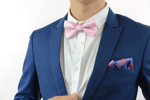 青いスーツ ネクタイは、ポケット広場の男 - 写真・画像