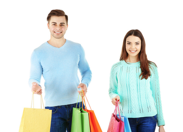 couple with colorful shopping bags - Foto, Imagen