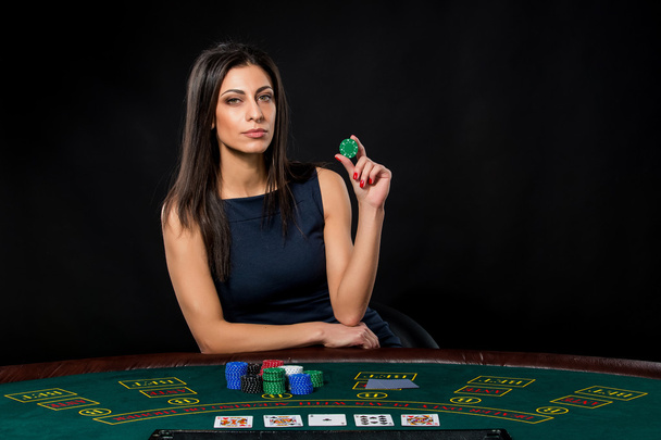 sexy woman with poker cards and chips - Zdjęcie, obraz