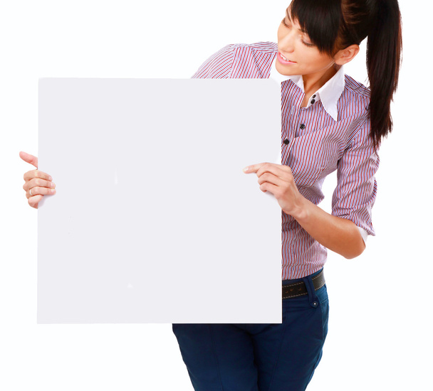Young woman with blank board banner, isolated on white - Фото, зображення