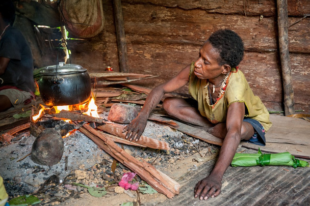   woman from a Papuan tribe korowai cooks food  - Фото, изображение