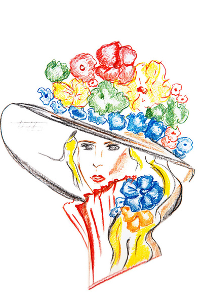 Illustration of a woman with colored inks with a floral hat - Zdjęcie, obraz