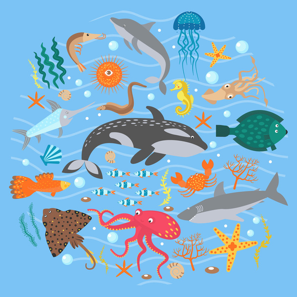 Concept Set of Cute Sea animals fish. Vector illustration. - ベクター画像