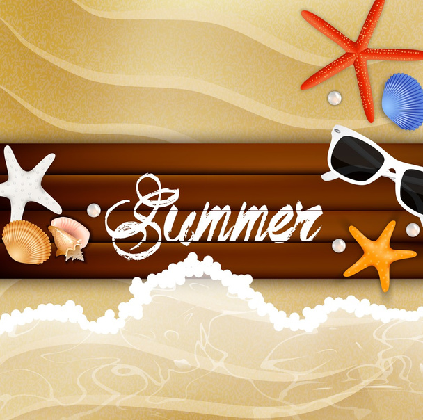 Starfish and sunglasses on over wood background - Vektor, kép
