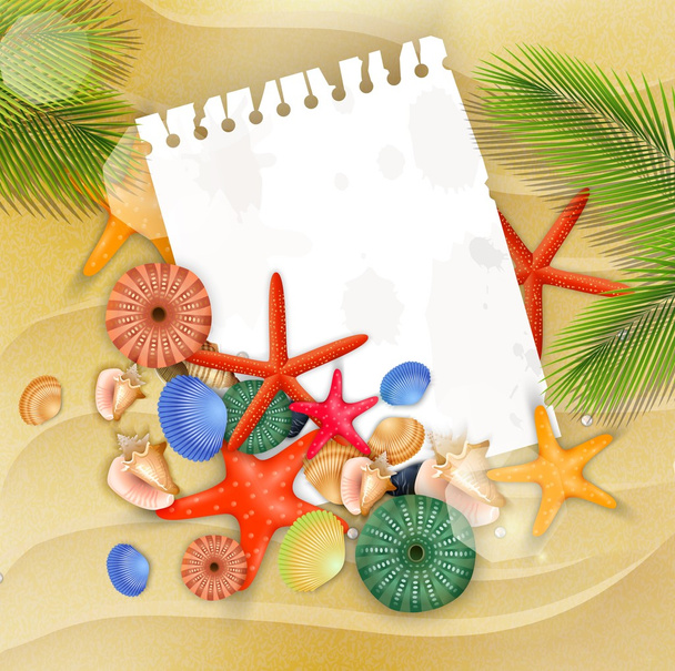 Starfish, shells and palm tree on sand background - Vetor, Imagem