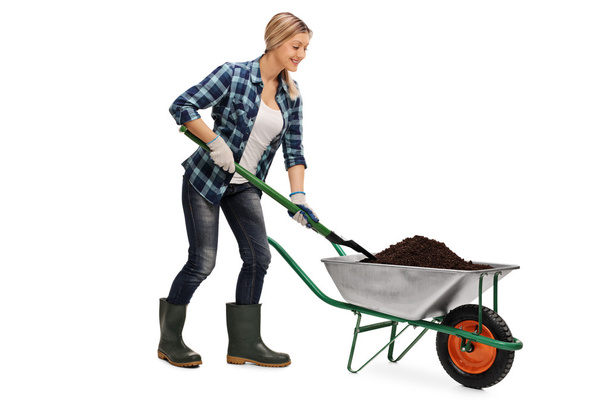 Woman shoveling dirt out of a wheelbarrow  - Φωτογραφία, εικόνα