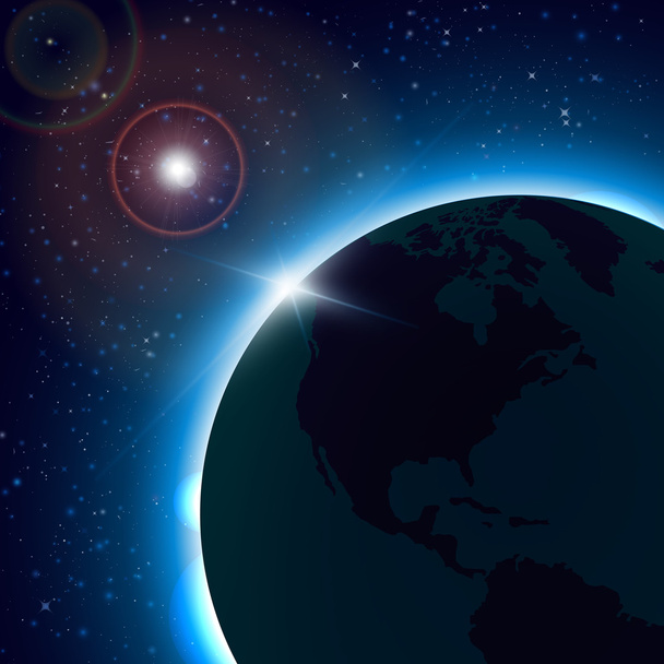 Πλανήτης γη με την Ανατολή του ήλιου στο διάστημα. Παγκόσμιος Χάρτης με σφαίρες λεπτομερείς επεξεργάσιμο. Διανυσματικό χώρο φόντο - Διάνυσμα, εικόνα