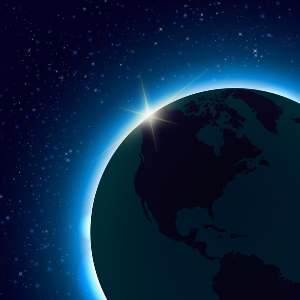 Planet Erde mit Sonnenaufgang im All. Weltkarte mit detailliert editierbaren Globen. Vektorraum Hintergrund - Vektor, Bild