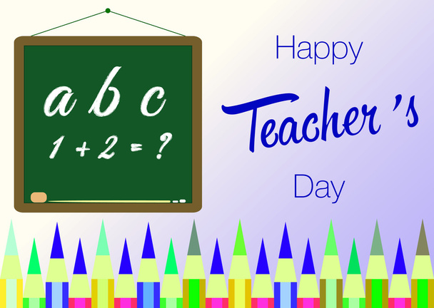 illustration with happy teachers day lettering, colored pencils and school board background - Vector, Image