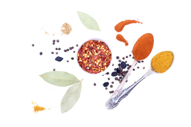 spices and herbs on white background. top view - Fotó, kép