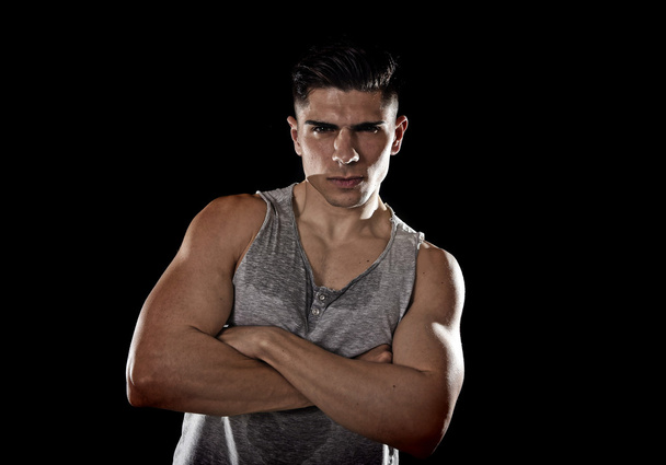 young attractive sport man big strong athletic body pointing in join my fitness club gym concept - 写真・画像