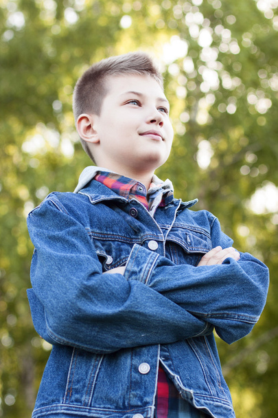 Confident young boy standing field, park, resting enjoying happy air  jeans jacket shirt - Φωτογραφία, εικόνα