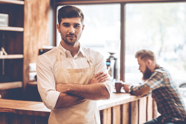 handsome man in apron in cafe  - Фото, зображення