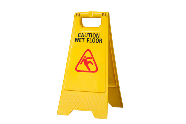 Yellow Caution slippery wet floor sign isolated on white background - Photo, Image