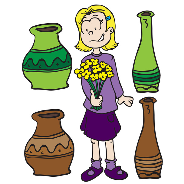 bambina, vasi e fiori
 - Vettoriali, immagini