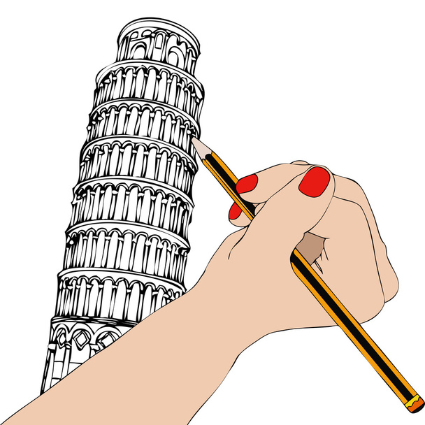 Pisa Kulesi - Pisa Kulesi çizerken bir kadın eli temsil eden resim çizer kadın - Fotoğraf, Görsel