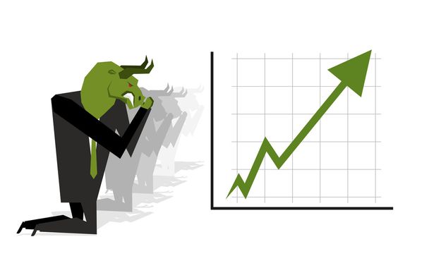 Зеленый Бык молится о повышении курса на фондовой бирже. Зеленый арро
 - Вектор,изображение