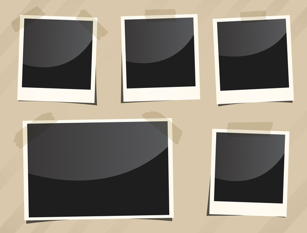 Collection of black old instant photos with frame are sticked on striped brown surface - Vector, Image