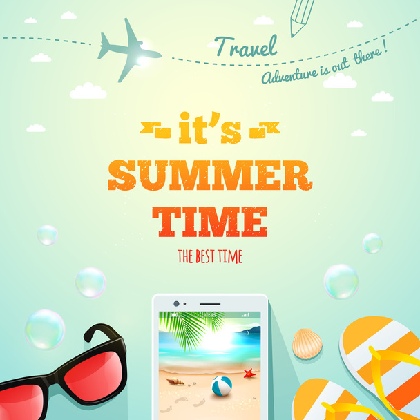 Summer poster. It's Summer Time typographic inscription with summer accessories. Summer traveling. Summer background - Vector, afbeelding