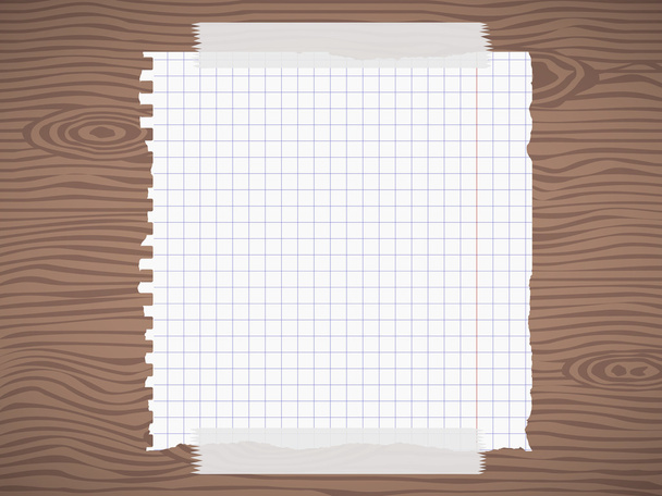 Hoja de papel cuadrada blanca rasgada del cuaderno, pegada en la pared de madera marrón, escritorio
 - Vector, imagen