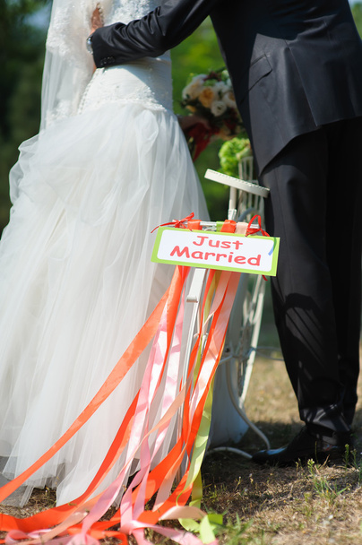 Bicicleta com sinal recém-casado
 - Foto, Imagem