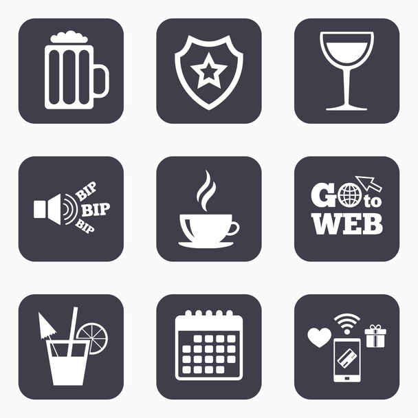 Drinks signs. Coffee cup, glass of beer icons. - ベクター画像