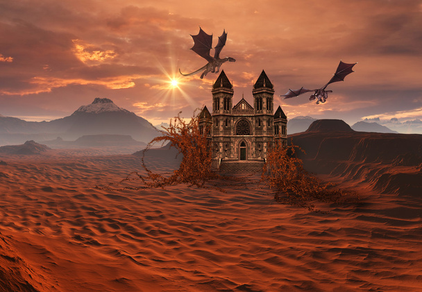 Fantasie landschap met een kasteel en draken - Foto, afbeelding