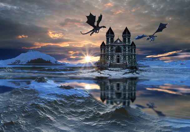 Paisagem de fantasia com um castelo e dragões
 - Foto, Imagem