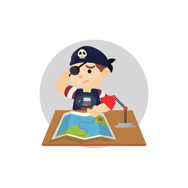 Pirate boy searching for treasure in map - Vector, Imagen