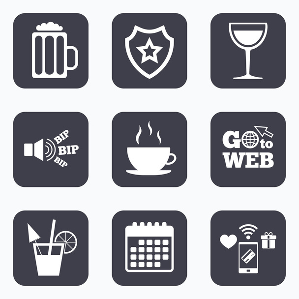 Drinks signs. Coffee cup, glass of beer icons. - Wektor, obraz