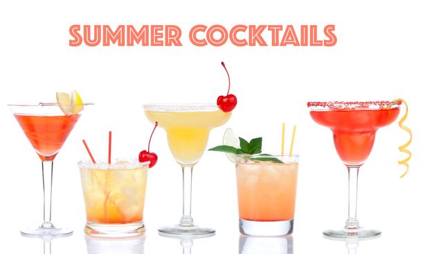 Collage of yellow red alcohol margarita martini cocktails compos - 写真・画像