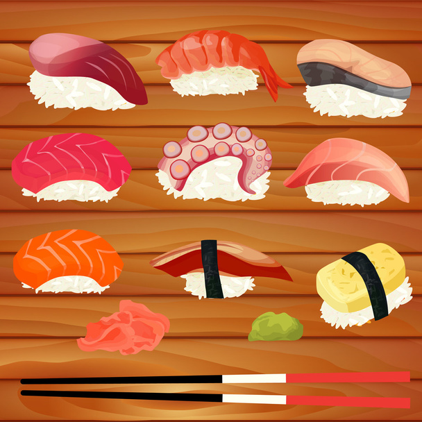 Set de sushi sobre fondo de madera
 - Vector, imagen
